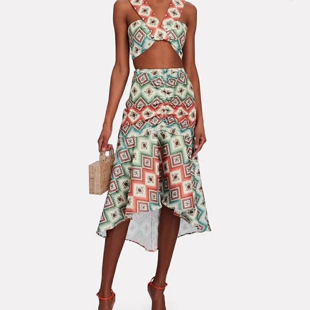 NWT AUTUMN ADEIGBO Soraya Geometric-Print Ruched Bead-Fringe Midi Skirt Size 8